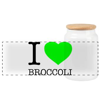 I LOVE BROCCOLI Broccoli Vegetables - Panoramic Cookie Jar with Wooden Lid - white - Front