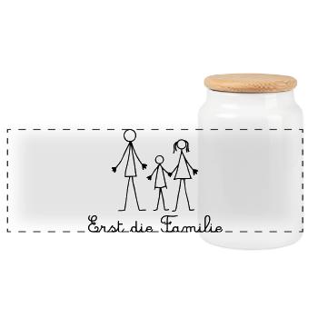 Erst die Familie - Strichmännchen Familie - Panorama Keksdose mit Holzdeckel - Weiß - Vorne