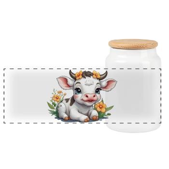 Niedliche Baby-Kuh Kalb auf Blumenwiese - Panorama Keksdose mit Holzdeckel - Weiß - Vorne