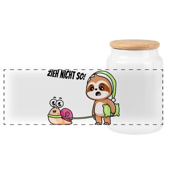 Faultier mit Schnecke - Zieh nicht so! - Panorama Keksdose mit Holzdeckel - Weiß - Vorne