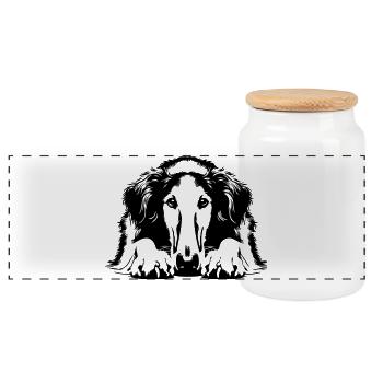 Borzoi Head with Paws - Panoramic Cookie Jar with Wooden Lid - white - Front