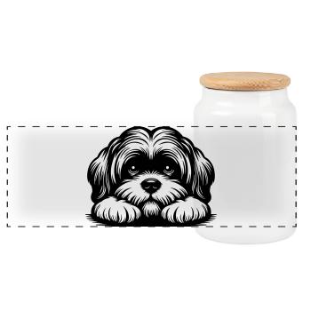 Lhasa Apso Kopf mit Pfoten - Panorama Keksdose mit Holzdeckel - Weiß - Vorne