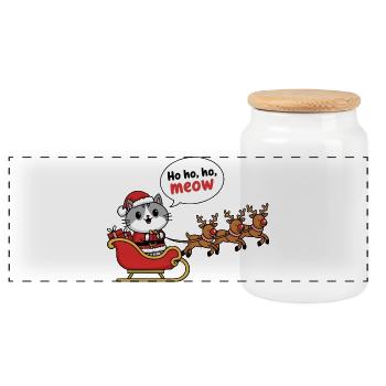 Festive Cat Santa Sleigh Design - Panoramic Cookie Jar with Wooden Lid - white - Front