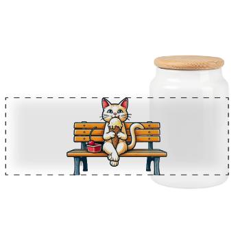 Cute Cat enjoying an icecream on a bench - Panoramic Cookie Jar with Wooden Lid - white - Front