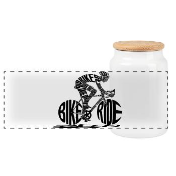 BIKE RIDE Text T-Shirt mit Radfahrer-Silhouette - Panorama Keksdose mit Holzdeckel - Weiß - Vorne