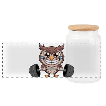 Strong owl with dumbbell fitness weightlifter - Panoramic Cookie Jar with Wooden Lid - white - Front