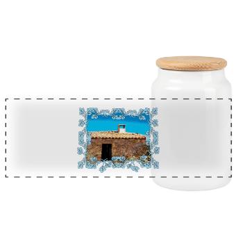 Azure frame around Mediterranean stone house - Panoramic Cookie Jar with Wooden Lid - white - Front