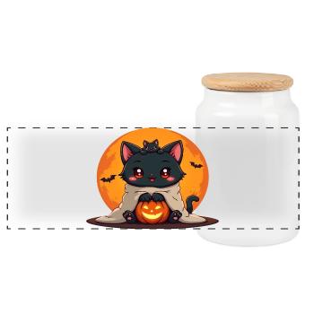 Halloween Cat with Halloween Pumpkin - Panoramic Cookie Jar with Wooden Lid - white - Front