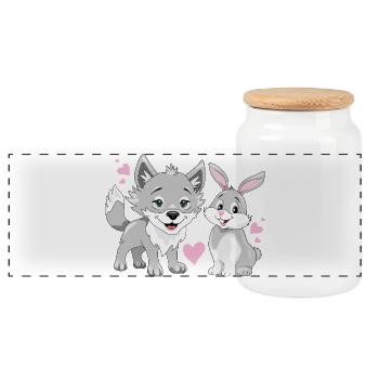 Happy baby wolf and cute smiling rabbit - Panoramic Cookie Jar with Wooden Lid - white - Front
