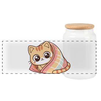 Cute Wrapped Covered Kitten - Panoramic Cookie Jar with Wooden Lid - white - Front