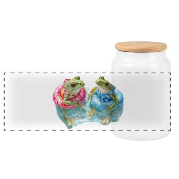 Two frogs in the swimming ring - Panoramic Cookie Jar with Wooden Lid - white - Front