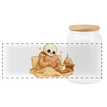 Cozy Skeleton with Heart – Rest & Self-Care - Panoramic Cookie Jar with Wooden Lid - white - Front