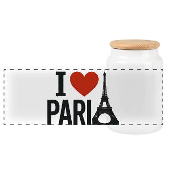 I love Paris Coeur and the Eiffel Tower - Panoramic Cookie Jar with Wooden Lid - white - Front