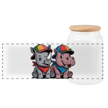 Funny Baby Rhino & Hippo – Cute Animal Duo - Panoramic Cookie Jar with Wooden Lid - white - Front