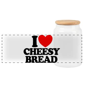 I love cheese bread. My favorite food: cheese bread. - Panoramic Cookie Jar with Wooden Lid - white - Front