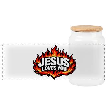 Jesus Loves You Flames Retro - Panoramic Cookie Jar with Wooden Lid - white - Front