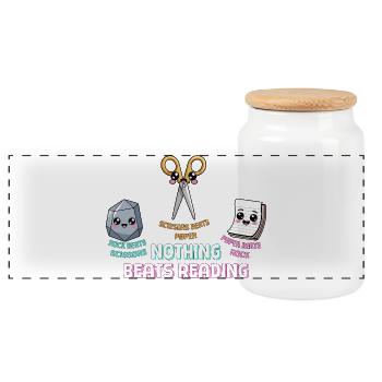 Cute Nothing Beats Reading Book Rock Paper Scissor - Panoramic Cookie Jar with Wooden Lid - white - Front