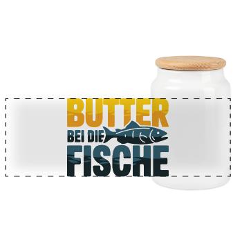  Butter Bei Die Fische Lustiger Spruch Für Angler - Panorama Keksdose mit Holzdeckel - Weiß - Vorne