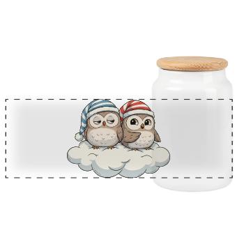 Cloud duo owls with pointed hats - Panoramic Cookie Jar with Wooden Lid - white - Front