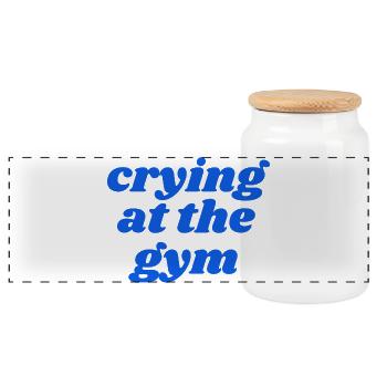 crying at the gym - Panoramic Cookie Jar with Wooden Lid - white - Front