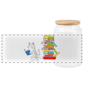 Lesekätzchen zieht Bücherwagen - Panorama Keksdose mit Holzdeckel - Weiß - Vorne