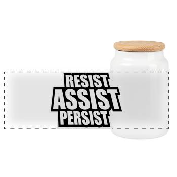 Resist Assist Persist Activism Motivation Logo - Panoramic Cookie Jar with Wooden Lid - white - Front