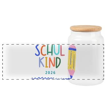 Schulkind 2026 bunte Schrift - Buntstift - Panorama Keksdose mit Holzdeckel - Weiß - Vorne
