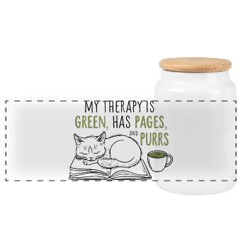 Cozy Book Lover Cat & Matcha T-Shirt Gift - Panoramic Cookie Jar with Wooden Lid - white - Front