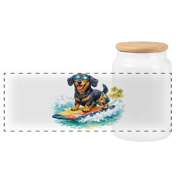 Un teckel fait du surf au soleil - Boîte à biscuits avec couvercle en bois - blanc - Devant