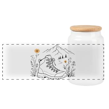 Hiking boots on the mountain path - Panoramic Cookie Jar with Wooden Lid - white - Front