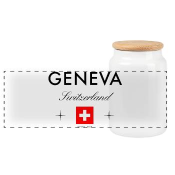 Geneva Switzerland Coordinates Travel Souvenir - Panoramic Cookie Jar with Wooden Lid - white - Front