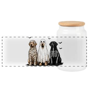 Dog trio in Halloween costumes - Panoramic Cookie Jar with Wooden Lid - white - Front