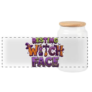Resting Witch Face – lustiger Halloween-T-Shirt-Zaun - Panorama Keksdose mit Holzdeckel - Weiß - Vorne