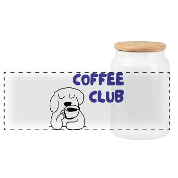 Illustration de chien du Coffee Club - Boîte à biscuits avec couvercle en bois - blanc - Devant
