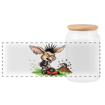 Punk Hase mit Rasenmäher gegen Maulwurf - Panorama Keksdose mit Holzdeckel - Weiß - Vorne