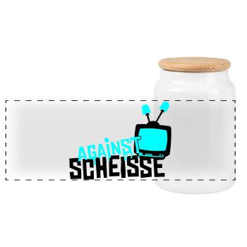 against shit - television - Panoramic Cookie Jar with Wooden Lid - white - Front
