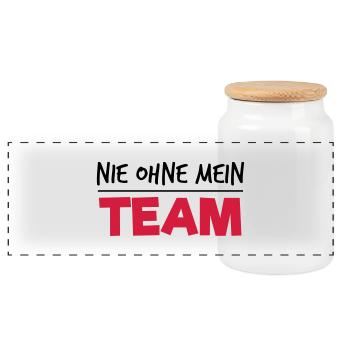 Nie ohne mein Team - Panorama Keksdose mit Holzdeckel - Weiß - Vorne