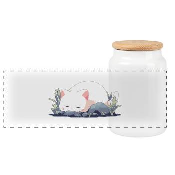 Sleepy Cat - Panoramic Cookie Jar with Wooden Lid - white - Front