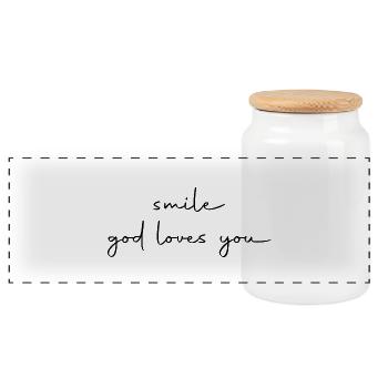 smile god loves you - Panoramic Cookie Jar with Wooden Lid - white - Front