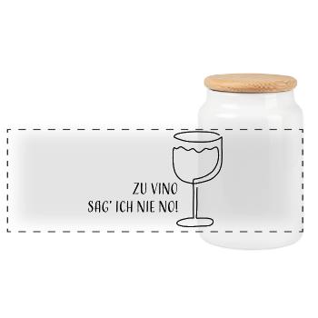 Zu Vino sag' ich nie No! | Weinglas Skizze Spruch - Panorama Keksdose mit Holzdeckel - Weiß - Vorne