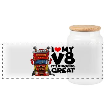 0323 I love my V8 - Panoramic Cookie Jar with Wooden Lid - white - Front