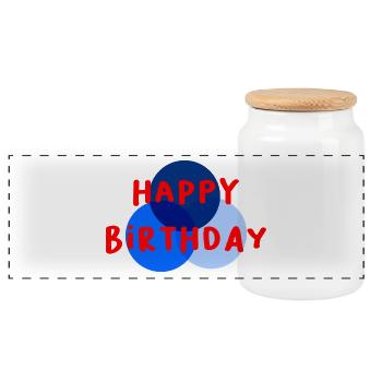 HAPPY BIRTHDAY. HAPPY BIRTHDAY. ANNIVERSARY. - Panoramic Cookie Jar with Wooden Lid - white - Front