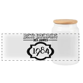 Beste Erfindung des Jahres 1984 Geschenk - Panorama Keksdose mit Holzdeckel - Weiß - Vorne