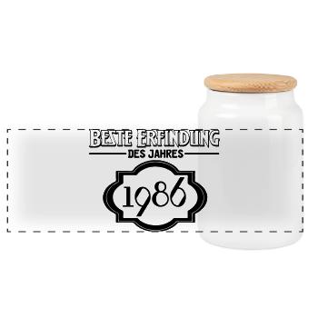 Beste Erfindung des Jahres 1986 Geschenk - Panorama Keksdose mit Holzdeckel - Weiß - Vorne