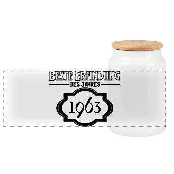 Beste Erfindung des Jahres 1963 Geschenk - Panorama Keksdose mit Holzdeckel - Weiß - Vorne