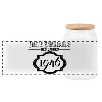 Beste Erfindung des Jahres 1946 Geschenk - Panorama Keksdose mit Holzdeckel - Weiß - Vorne