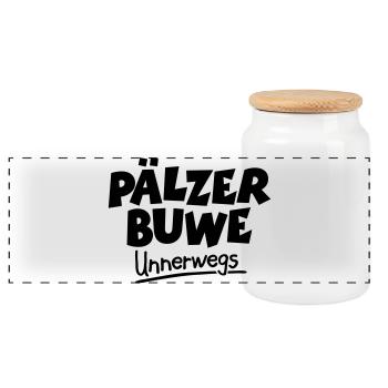 Pälzer Buwe Unnerwegs - Pfälzer Männer auf Tour - Panorama Keksdose mit Holzdeckel - Weiß - Vorne