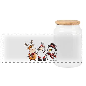 Ho Ho Ho Weihnachtsmann mit Freunden - Weihnachten - Panorama Keksdose mit Holzdeckel - Weiß - Vorne