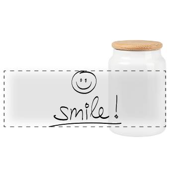 Handwriting "SMILE!" with a laughing face - Panoramic Cookie Jar with Wooden Lid - white - Front