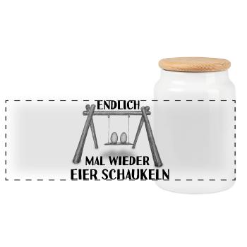 Endlich mal wieder Eier schaukeln - Panorama Keksdose mit Holzdeckel - Weiß - Vorne